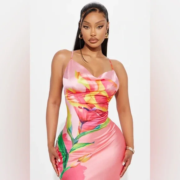 Fashion Nova Amora Floral Satin Maxi Dress - Coral/combo XS - Picture 3 of 3